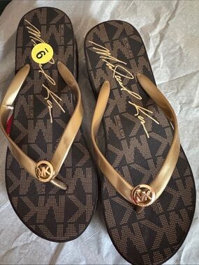 Michael Kors Gold Strap Brown Monogram Flip Flops